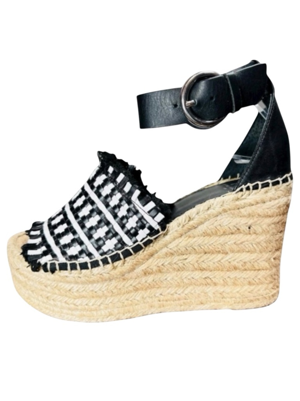 Marc Fisher Andrew Espadrille Wedge Sandals Black White Woven Platform Sz 6 Euro